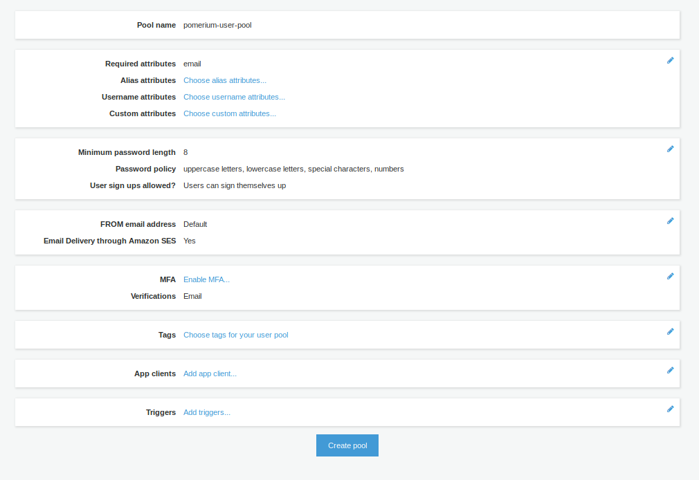 AWS Cognito Pool Settings